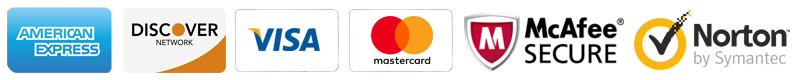 Amex, Discover, Visa, Mastercard, McAfee Secure, Norton