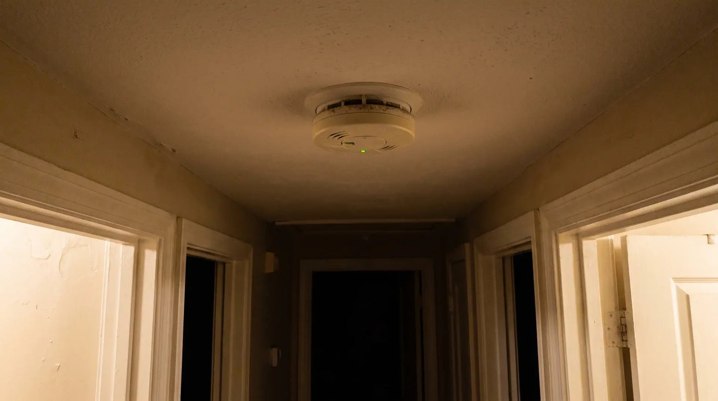 Quiet hallway with a standard round carbon monoxide detector