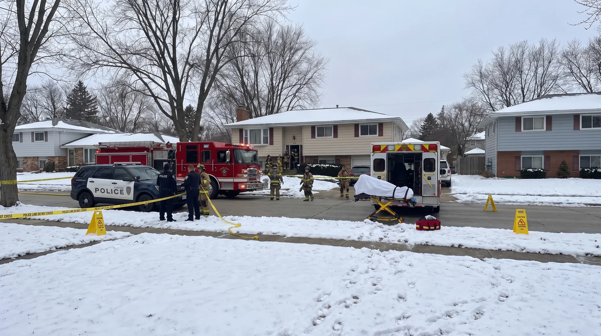 Emergency vehicles outside a suburban home at night
