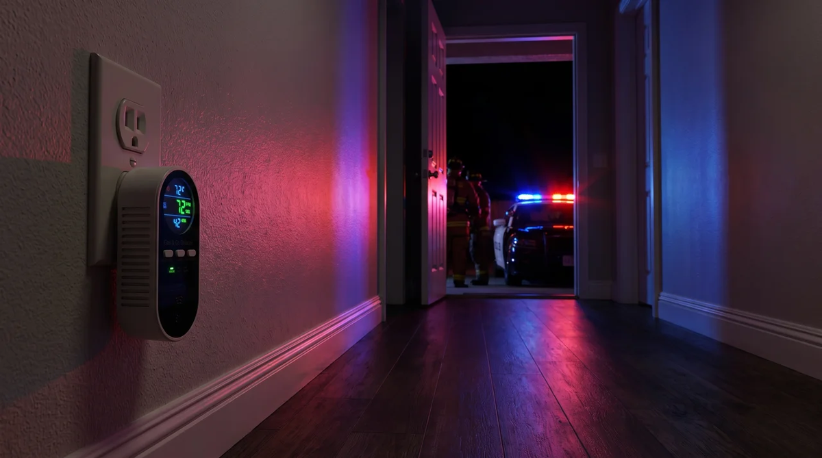 Sentivo carbon monoxide detector plugged into a hallway outlet